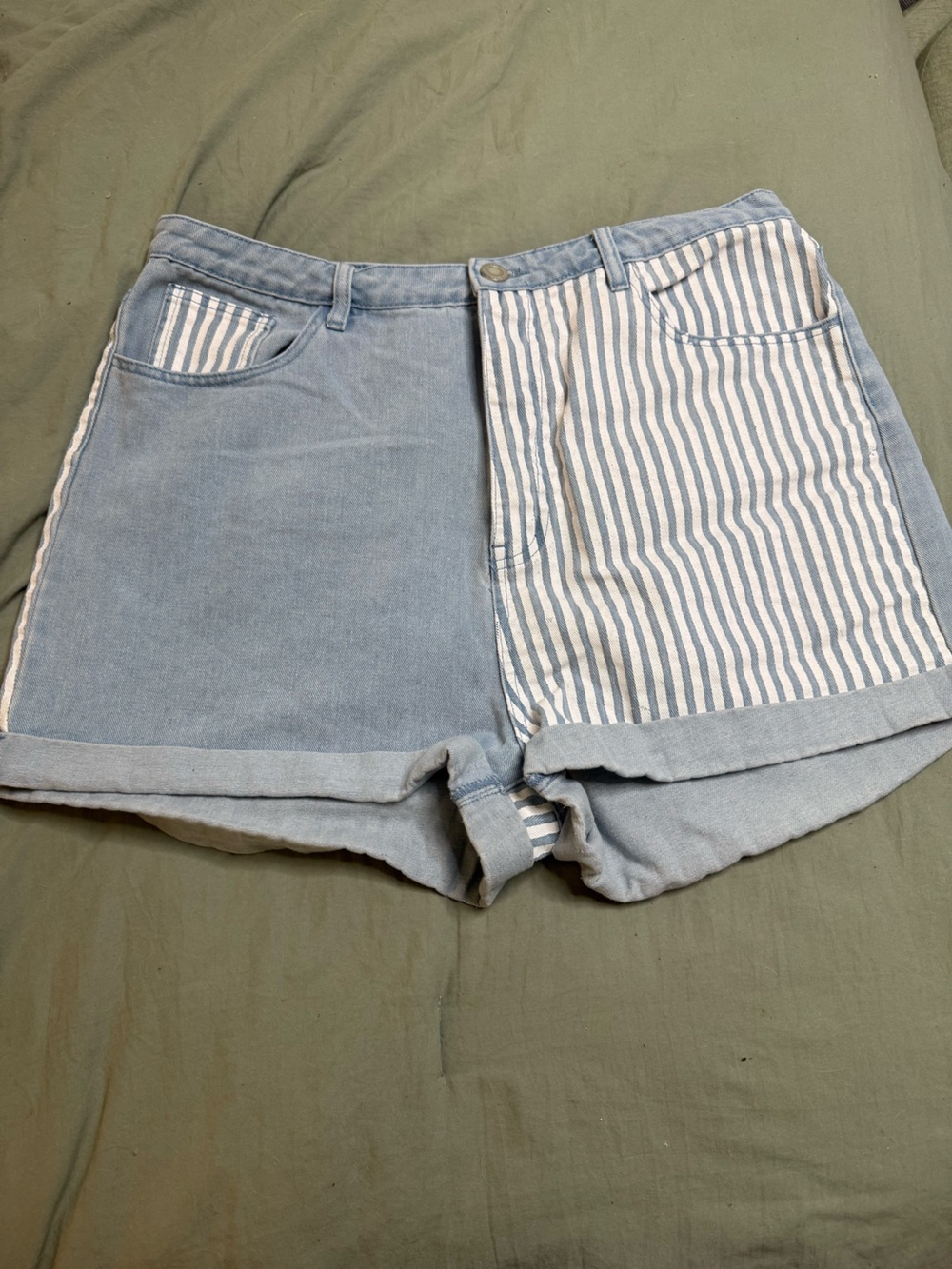 Boohoo Light Blue and White Striped Denim Shorts